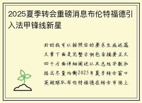 2025夏季转会重磅消息布伦特福德引入法甲锋线新星 2025夏季转会重磅消息布伦特福德引入法甲锋线新星