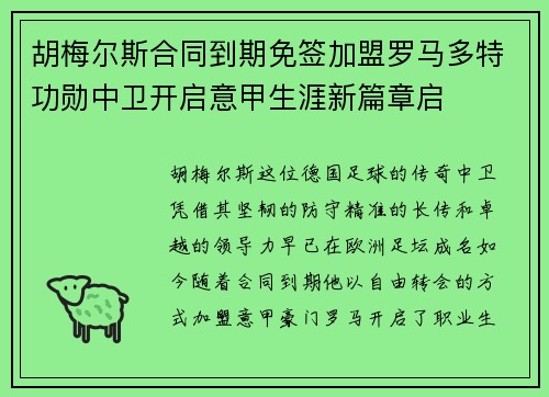 胡梅尔斯合同到期免签加盟罗马多特功勋中卫开启意甲生涯新篇章启